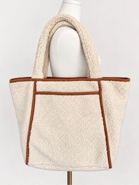 Bay Sky Cream Sherpa Teddy Tote Bag Brown Trim Oversized Boucle Shoulder Bag